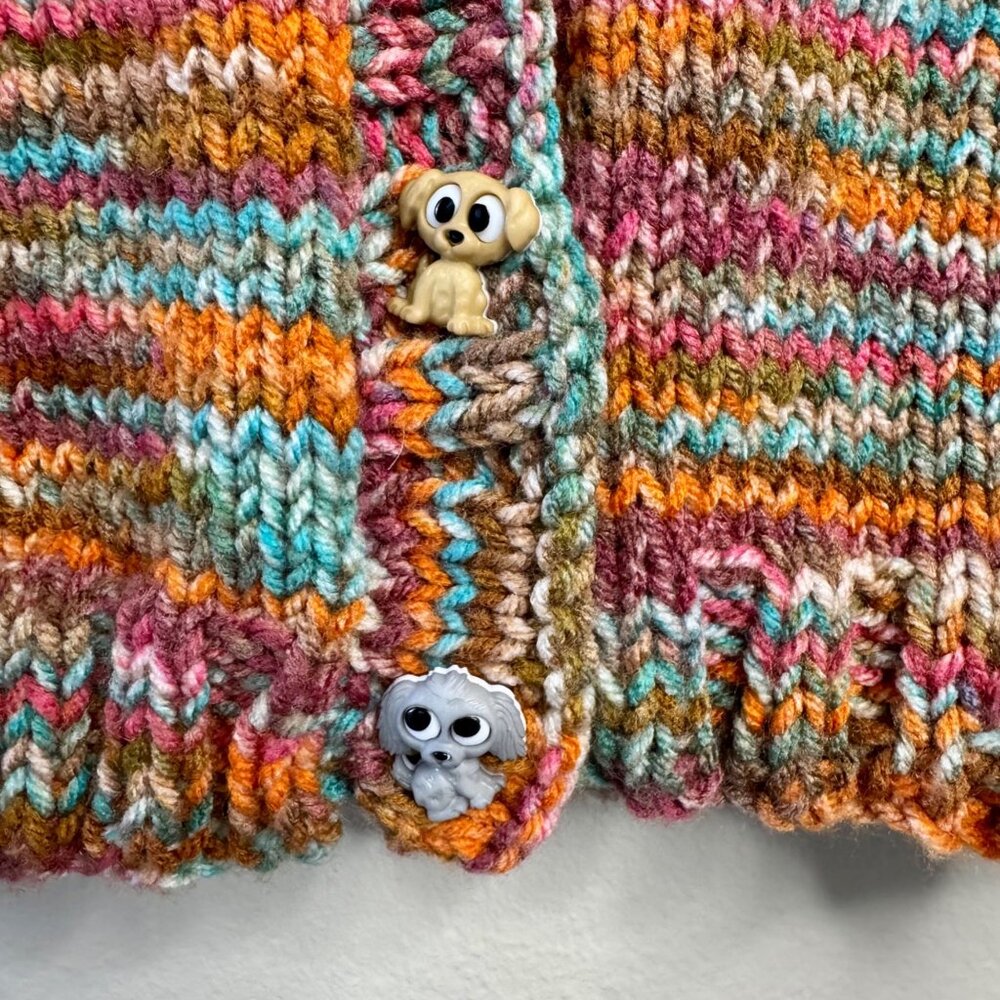HAND KNIT Oversized Multicolor Cardigan Girls 8 Dog Buttons Handmade Sweater - Picture 4 of 9